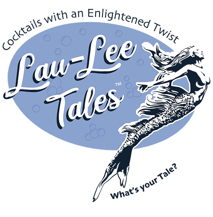 Logo with the text "Lau-Lee Tales: Cocktails with an Enlightened Twist" and "What's your tale?" featuring an illustration of a mermaid on a blue background with bubbles.