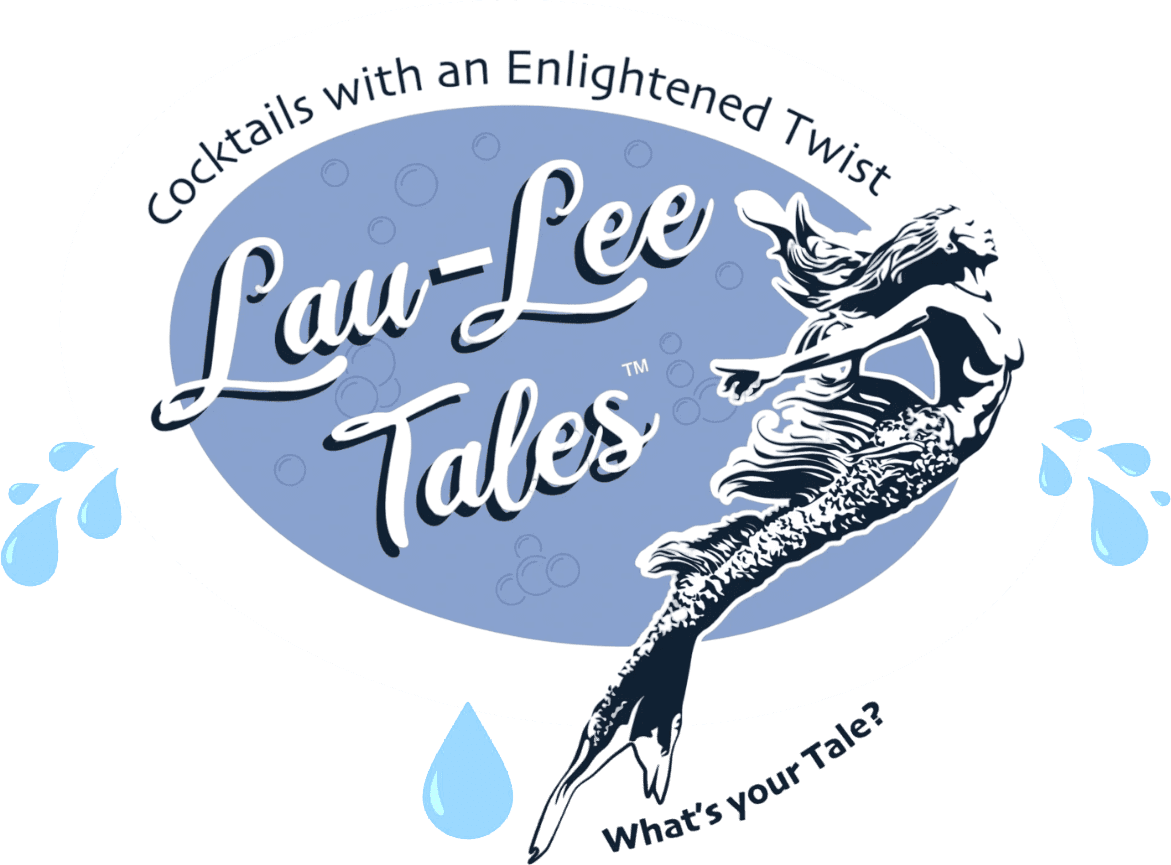 Logo of Pau-Lee Tales with a mermaid and blue drops.