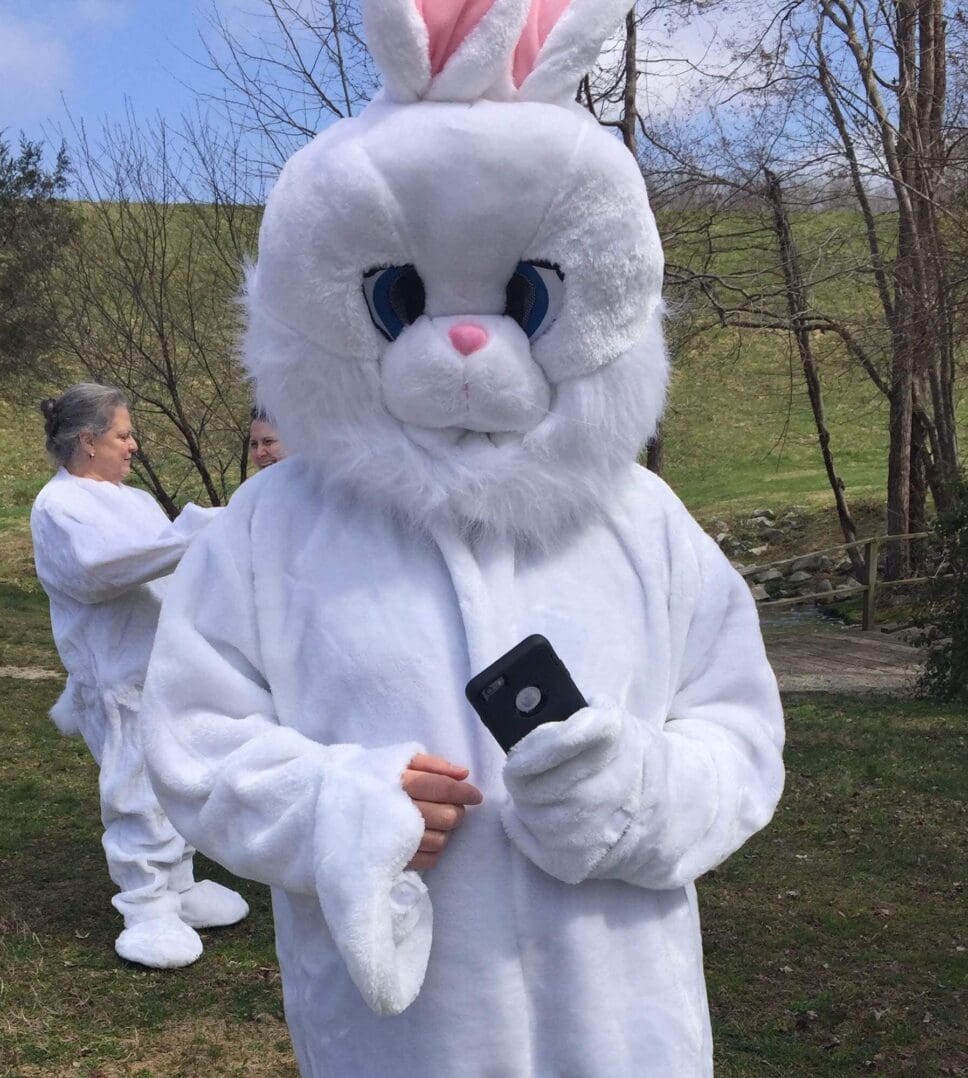 Person in bunny costume holding a phone.