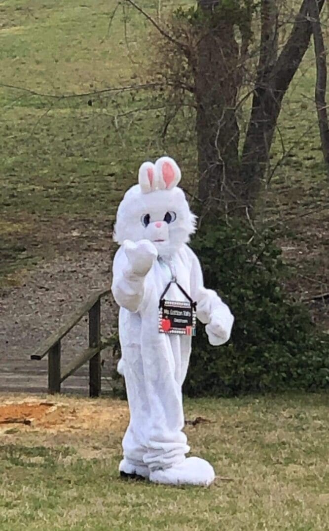 Person in a white bunny costume outdoors.